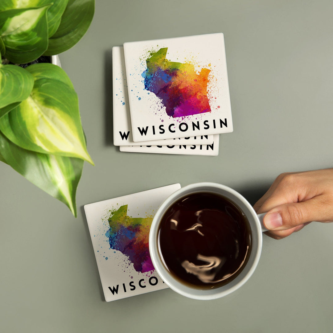 Wisconsin, State Abstract Watercolor, Lantern Press Artwork, Coaster Set Coasters Lantern Press 