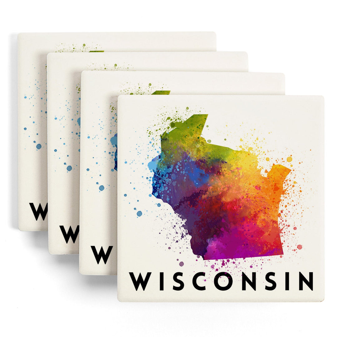 Wisconsin, State Abstract Watercolor, Lantern Press Artwork, Coaster Set Coasters Lantern Press 