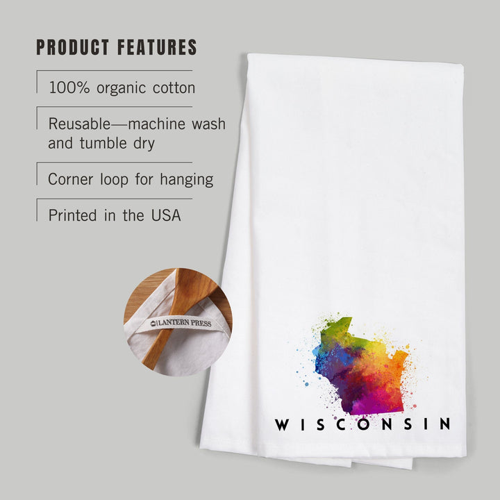 Wisconsin, State Abstract Watercolor, Organic Cotton Kitchen Tea Towels Kitchen Lantern Press 