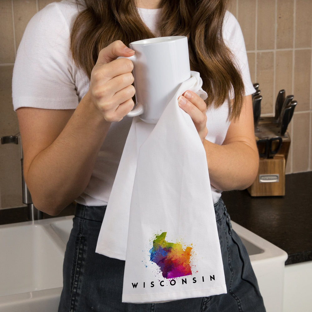 Wisconsin, State Abstract Watercolor, Organic Cotton Kitchen Tea Towels Kitchen Lantern Press 