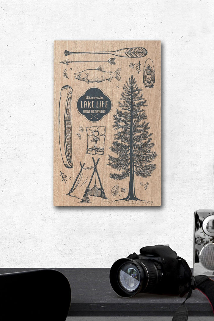 Wisconsin, The Lake Life, Lake Collage, Lantern Press Artwork, Wood Signs and Postcards Wood Lantern Press 12 x 18 Wood Gallery Print 