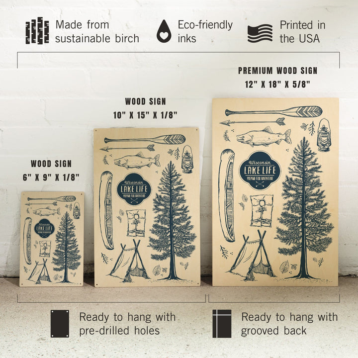 Wisconsin, The Lake Life, Lake Collage, Lantern Press Artwork, Wood Signs and Postcards Wood Lantern Press 