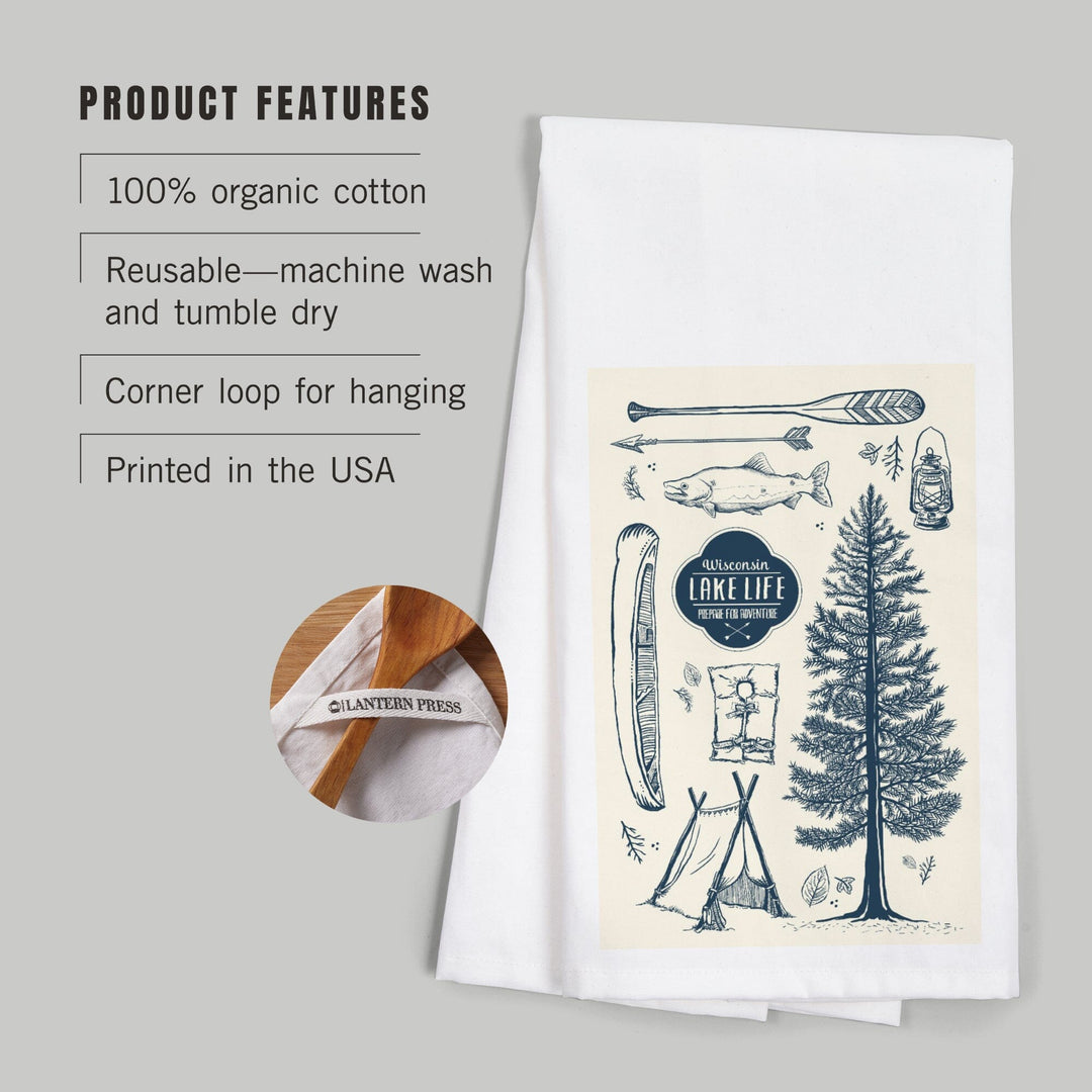 Wisconsin, The Lake Life, Lake Collage, Organic Cotton Kitchen Tea Towels Kitchen Lantern Press 