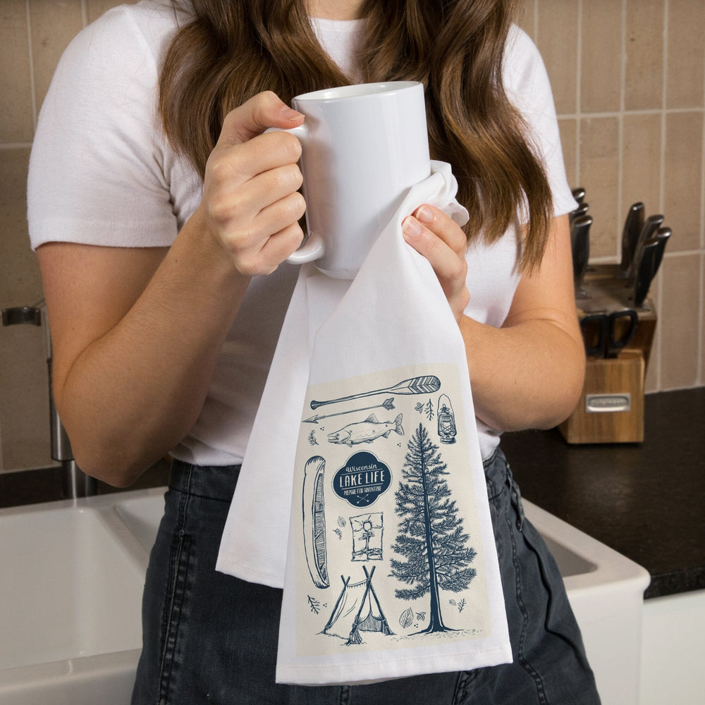 Wisconsin, The Lake Life, Lake Collage, Organic Cotton Kitchen Tea Towels Kitchen Lantern Press 