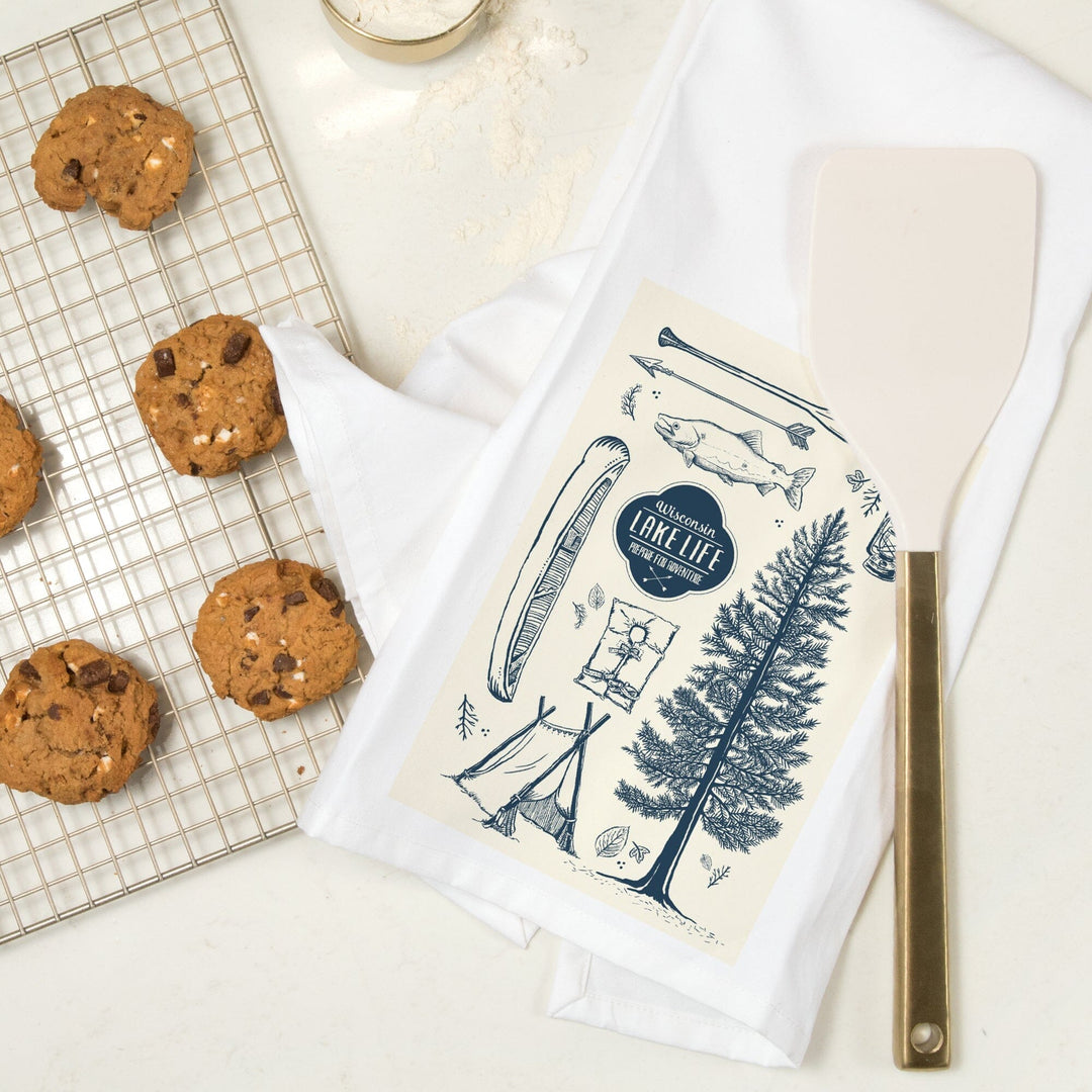 Wisconsin, The Lake Life, Lake Collage, Organic Cotton Kitchen Tea Towels Kitchen Lantern Press 