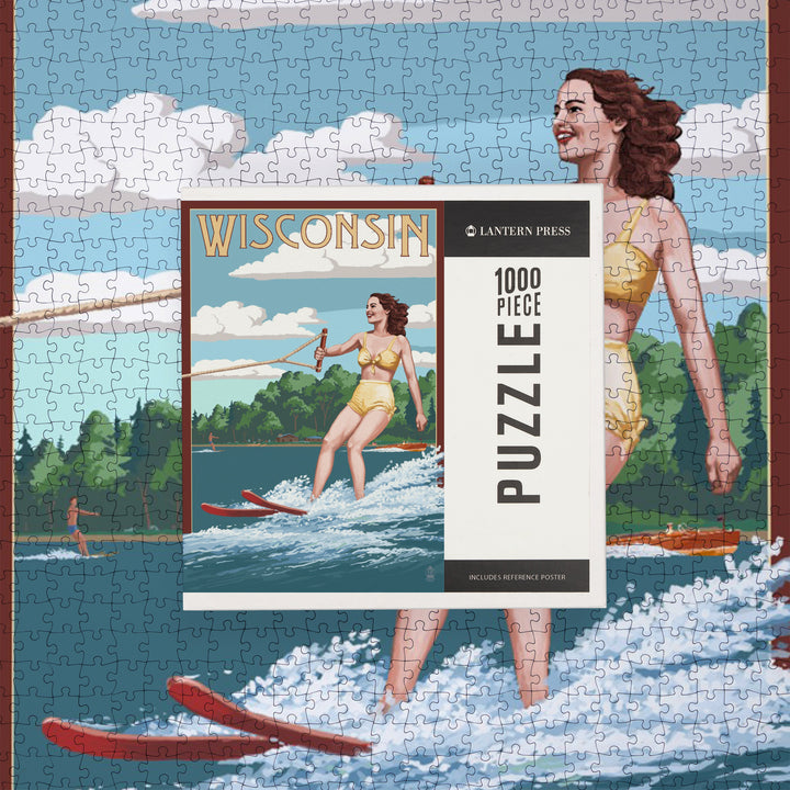 Wisconsin, Water Skier and Lake, Jigsaw Puzzle Puzzle Lantern Press 