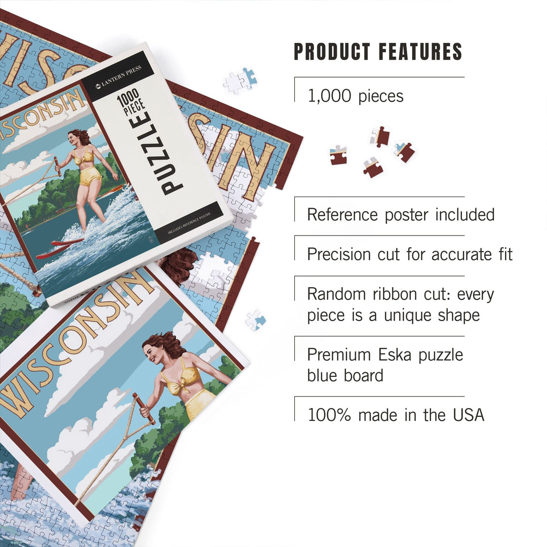 Wisconsin, Water Skier and Lake, Jigsaw Puzzle Puzzle Lantern Press 