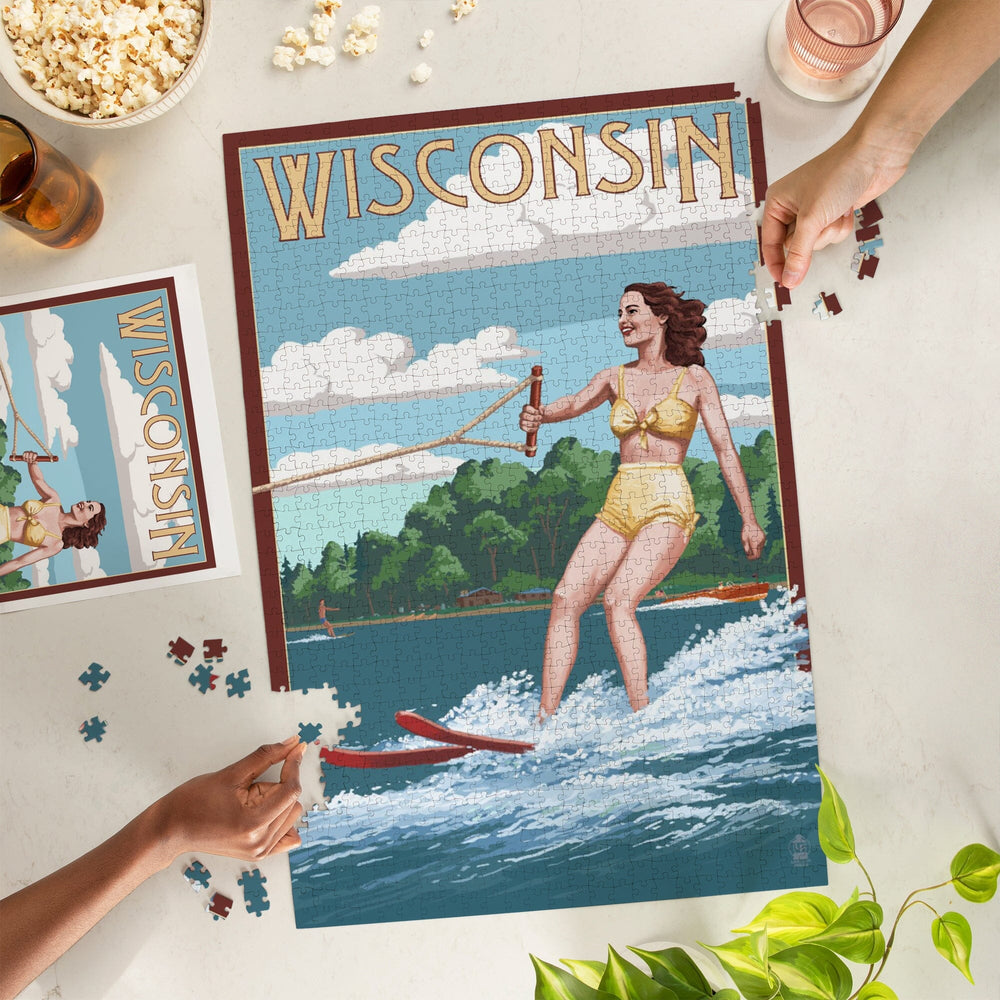 Wisconsin, Water Skier and Lake, Jigsaw Puzzle Puzzle Lantern Press 