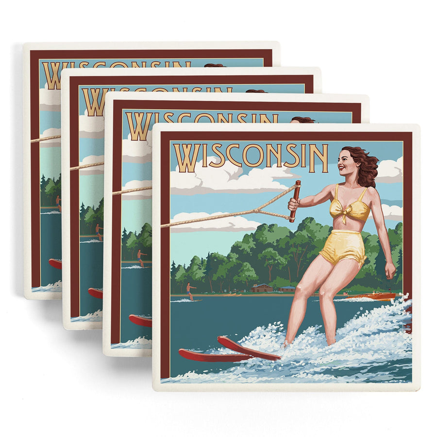 Wisconsin, Water Skier & Lake, Lantern Press Artwork, Coaster Set Coasters Lantern Press 