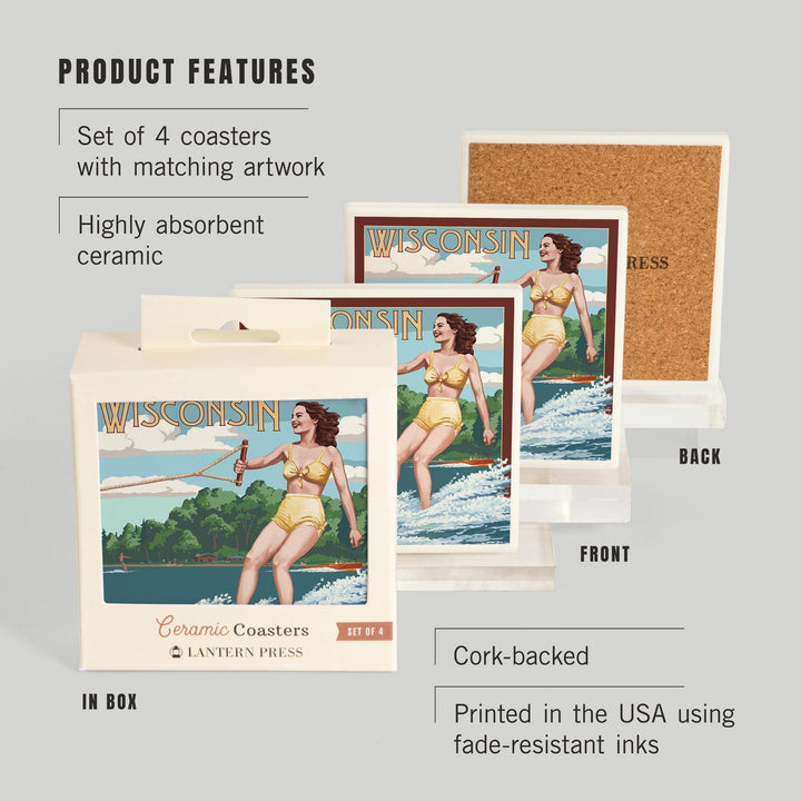 Wisconsin, Water Skier & Lake, Lantern Press Artwork, Coaster Set Coasters Lantern Press 