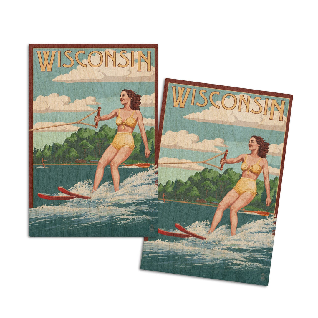 Wisconsin, Water Skier & Lake, Lantern Press Artwork, Wood Signs and Postcards Wood Lantern Press 4x6 Wood Postcard Set 