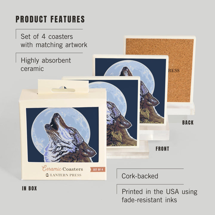Wolf Howling at Moon, Coasters Coasters Lantern Press 