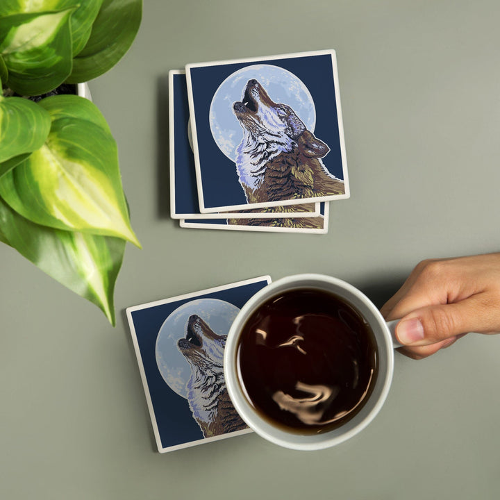 Wolf Howling at Moon, Coasters Coasters Lantern Press 