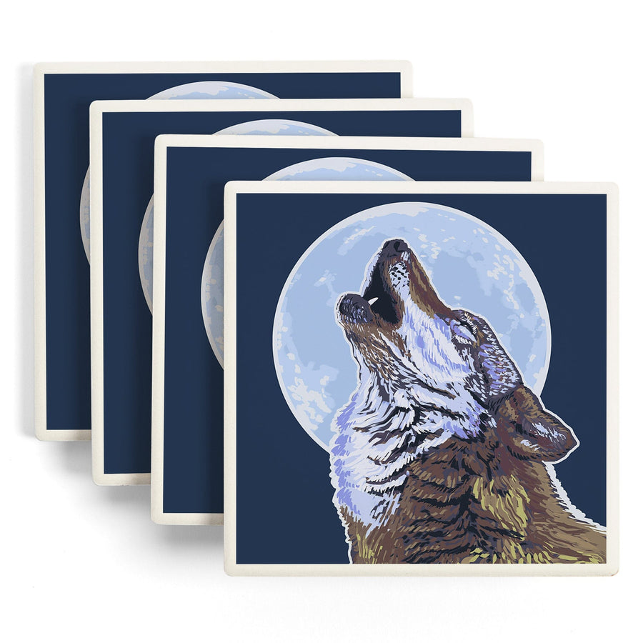 Wolf Howling at Moon, Lantern Press Artwork, Coaster Set Coasters Lantern Press 