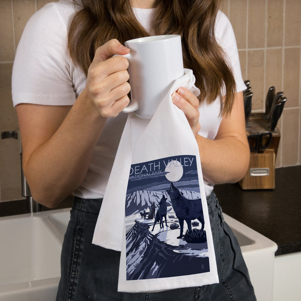 Wolves and Full Moon, Death Valley National Park, Organic Cotton Kitchen Tea Towels Kitchen Lantern Press 