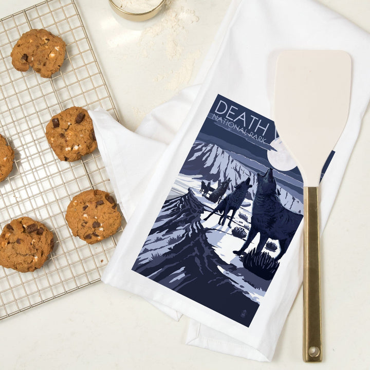Wolves and Full Moon, Death Valley National Park, Organic Cotton Kitchen Tea Towels Kitchen Lantern Press 