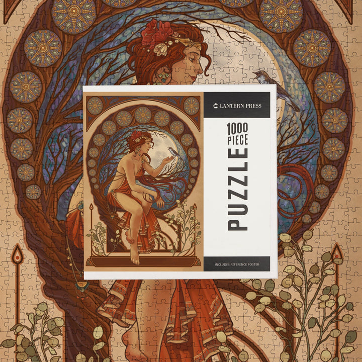 Woman and Bird, Art Nouveau, Jigsaw Puzzle Puzzle Lantern Press 