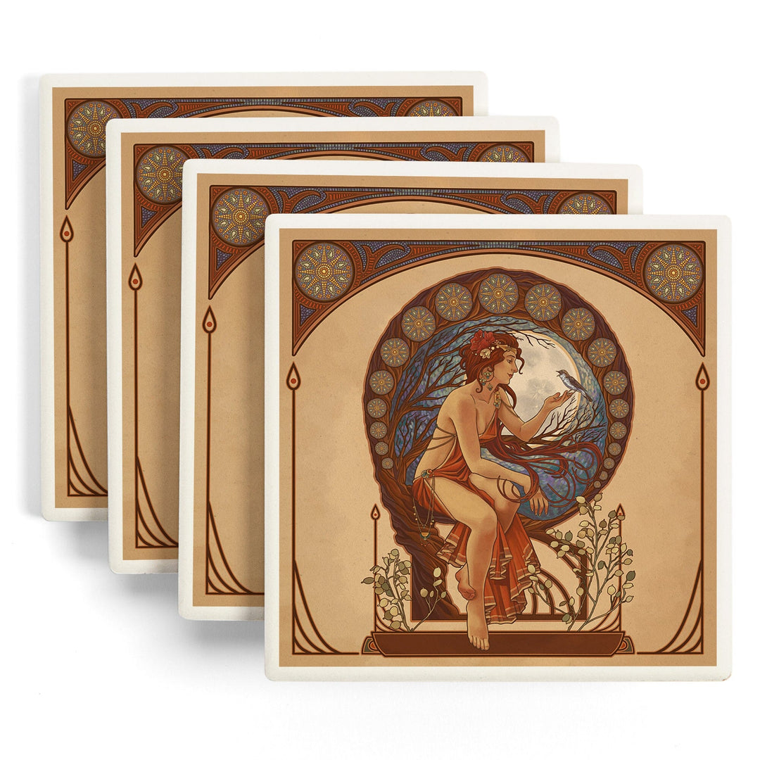 Woman and Bird, Art Nouveau, Lantern Press Artwork, Coaster Set Coasters Lantern Press 