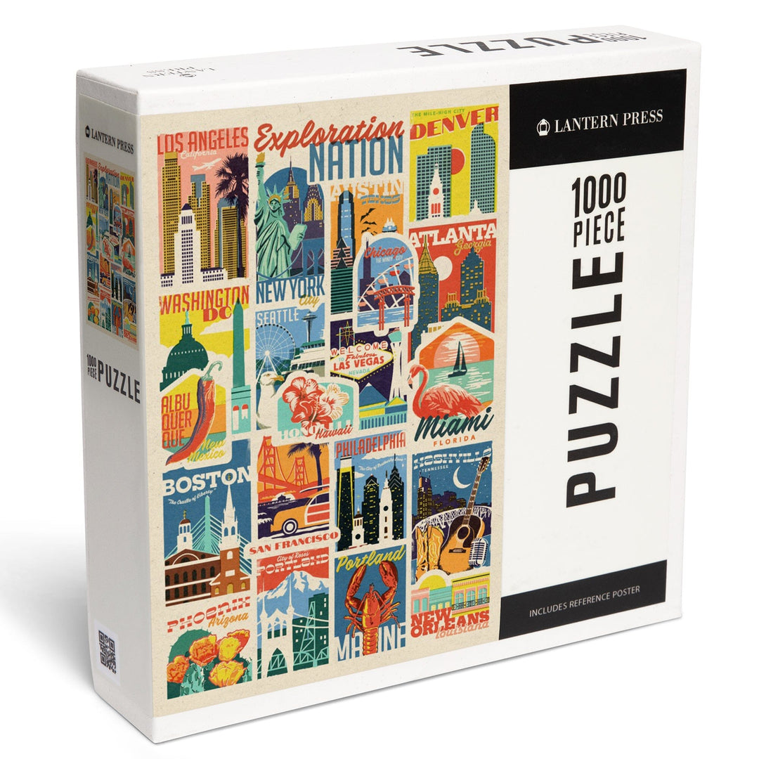 Woodblock Cities Collage, Exploration Nation, Jigsaw Puzzle Puzzle Lantern Press 