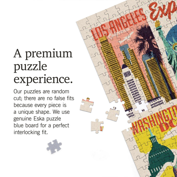 Woodblock Cities Collage, Exploration Nation, Jigsaw Puzzle Puzzle Lantern Press 