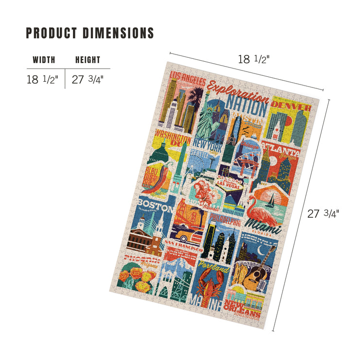 Woodblock Cities Collage, Exploration Nation, Jigsaw Puzzle Puzzle Lantern Press 