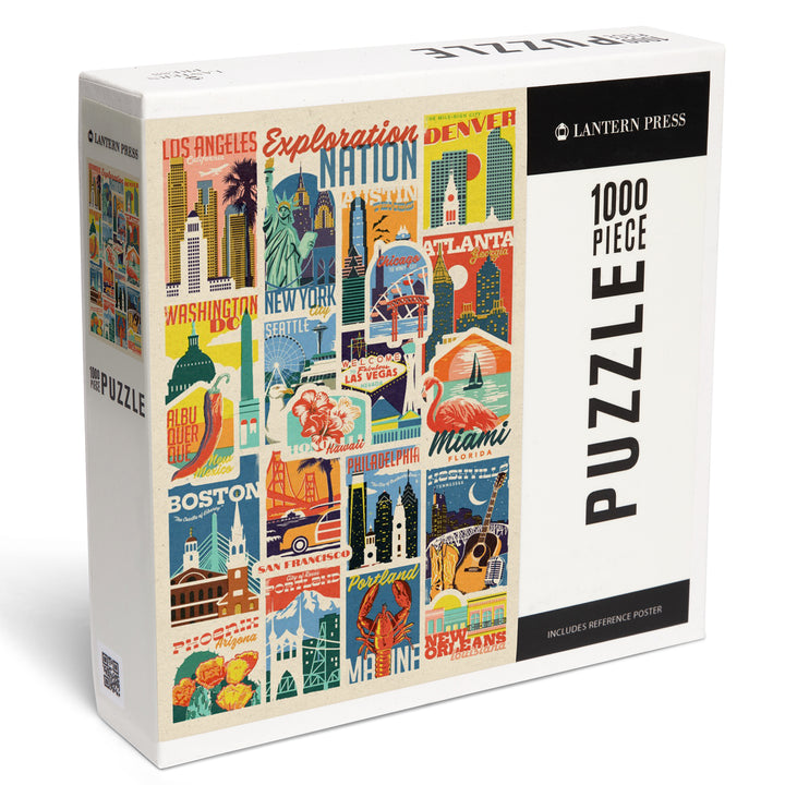 Woodblock Cities Collage, Exploration Nation, Jigsaw Puzzle Puzzle Lantern Press 