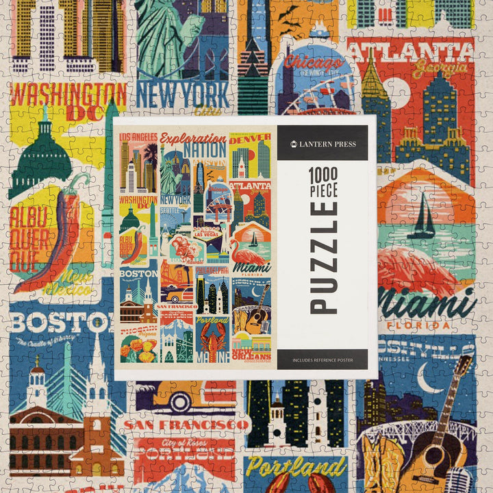 Woodblock Cities Collage, Exploration Nation, Jigsaw Puzzle Puzzle Lantern Press 