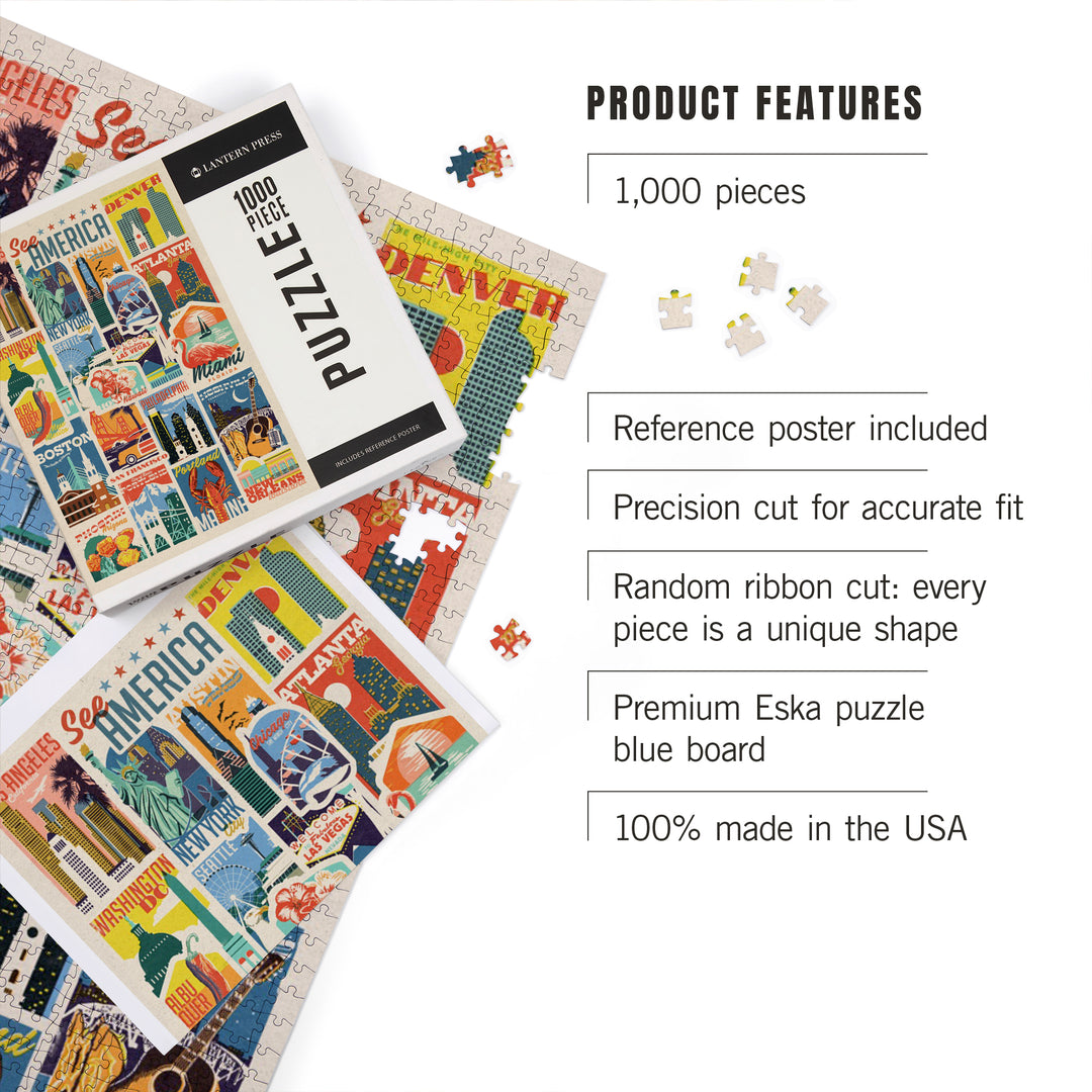 Woodblock Cities Collage, See America, Jigsaw Puzzle Puzzle Lantern Press 