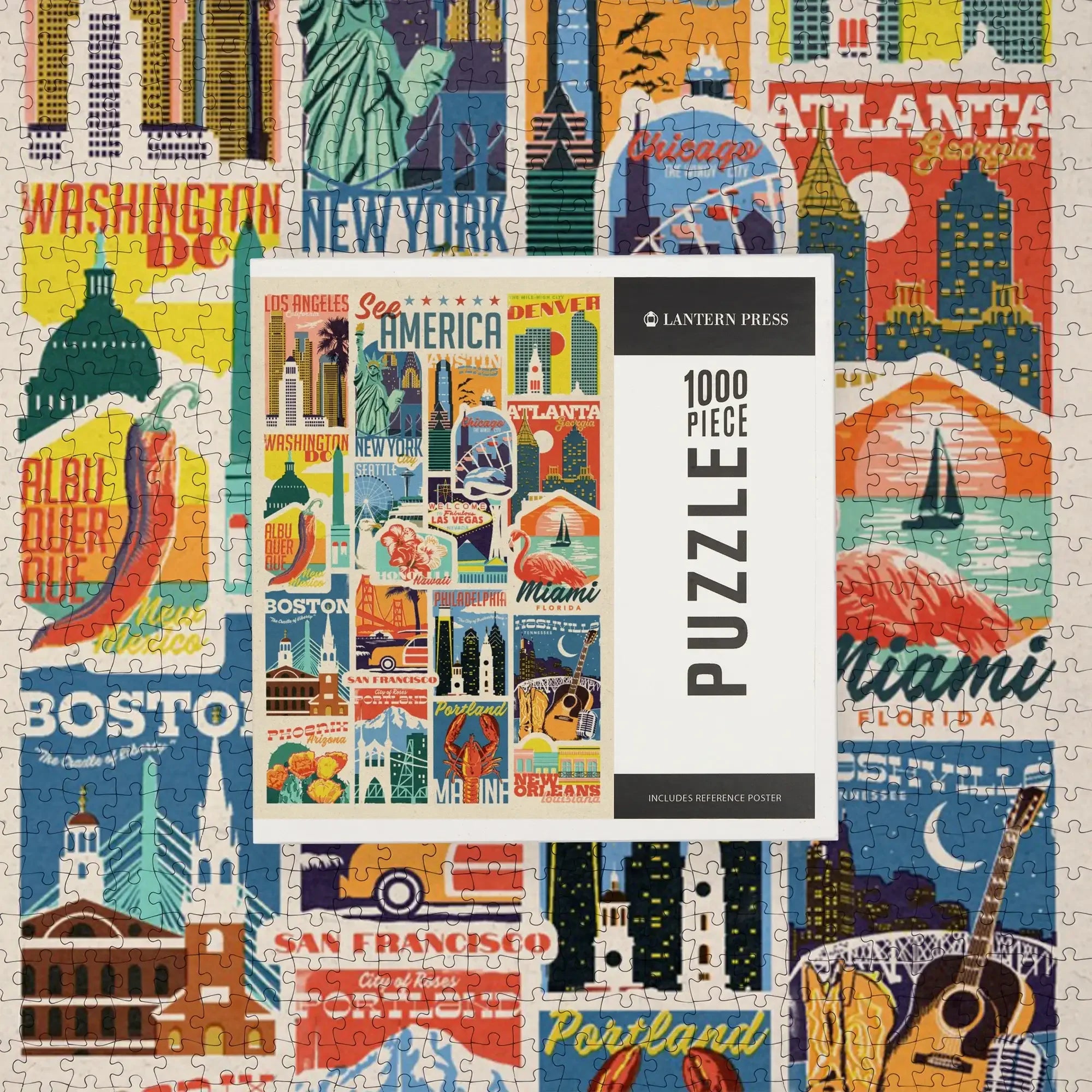 ポクスウォーカー 英語 3枚セット Woodblock Cities Collage, See America, 1000 piece jigsaw puzzle