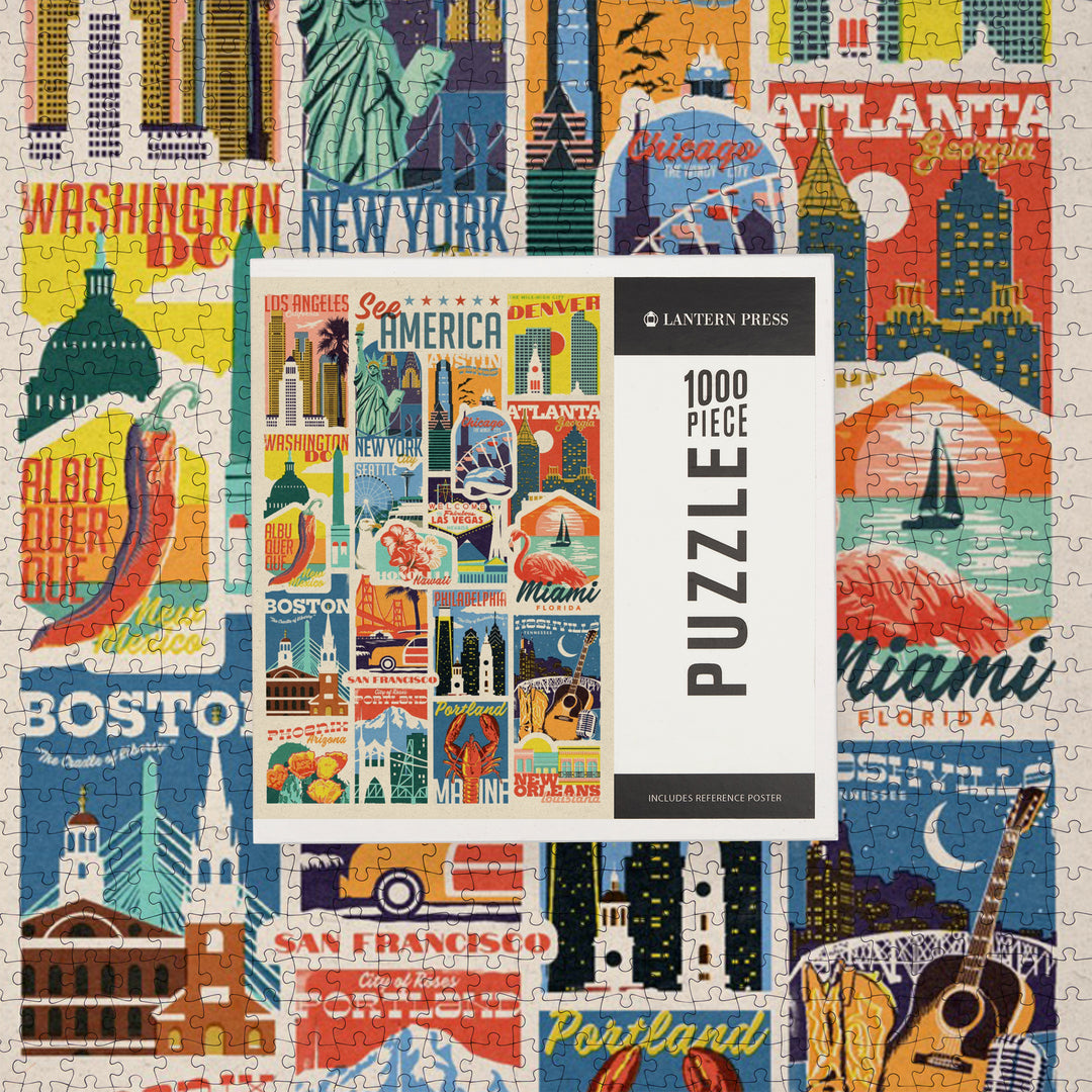 Woodblock Cities Collage, See America, Jigsaw Puzzle Puzzle Lantern Press 
