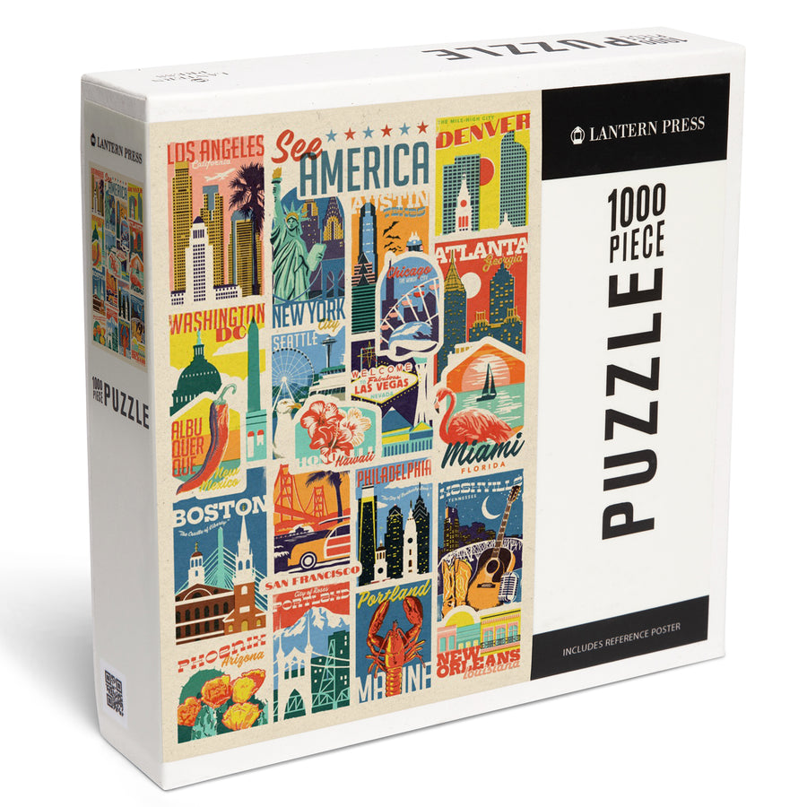 Woodblock Cities Collage, See America, Jigsaw Puzzle Puzzle Lantern Press 