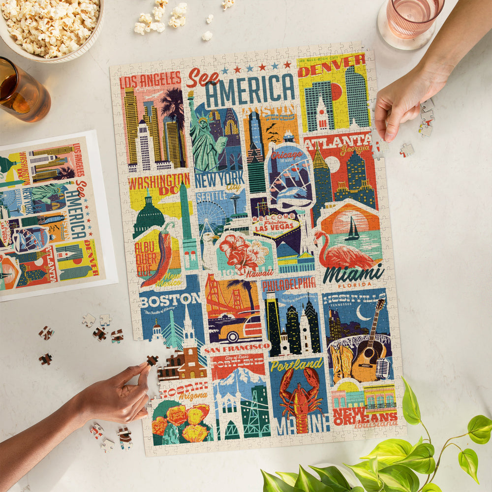 Woodblock Cities Collage, See America, Jigsaw Puzzle Puzzle Lantern Press 