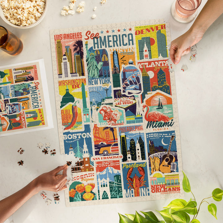 Woodblock Cities Collage, See America, Jigsaw Puzzle Puzzle Lantern Press 