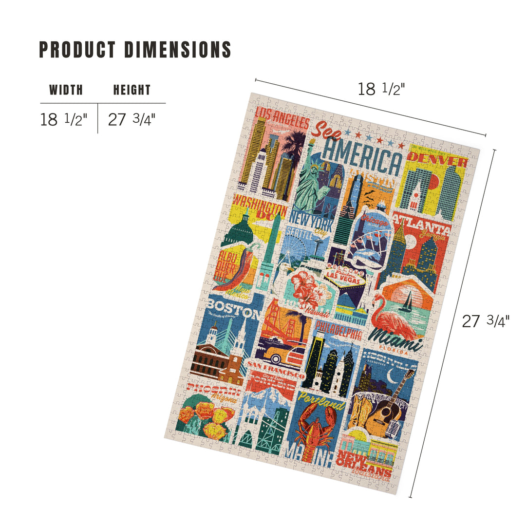 Woodblock Cities Collage, See America, Jigsaw Puzzle Puzzle Lantern Press 