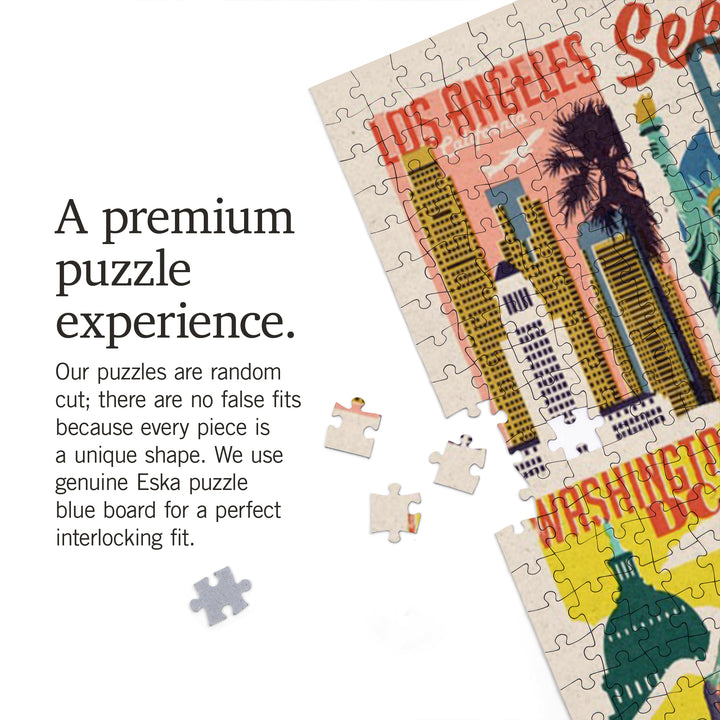 Woodblock Cities Collage, See America, Jigsaw Puzzle Puzzle Lantern Press 