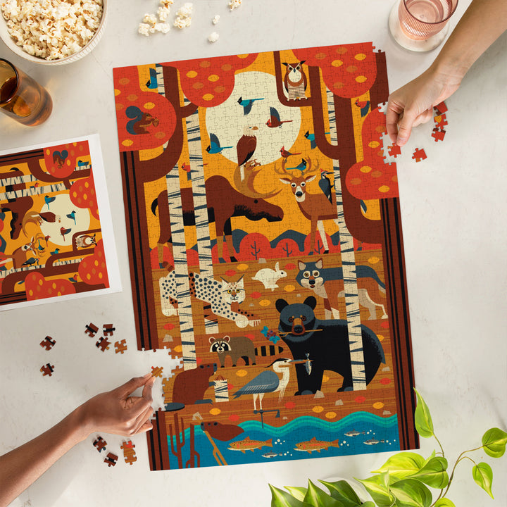 Woodland Forest Animals, Geometric, Jigsaw Puzzle Puzzle Lantern Press 