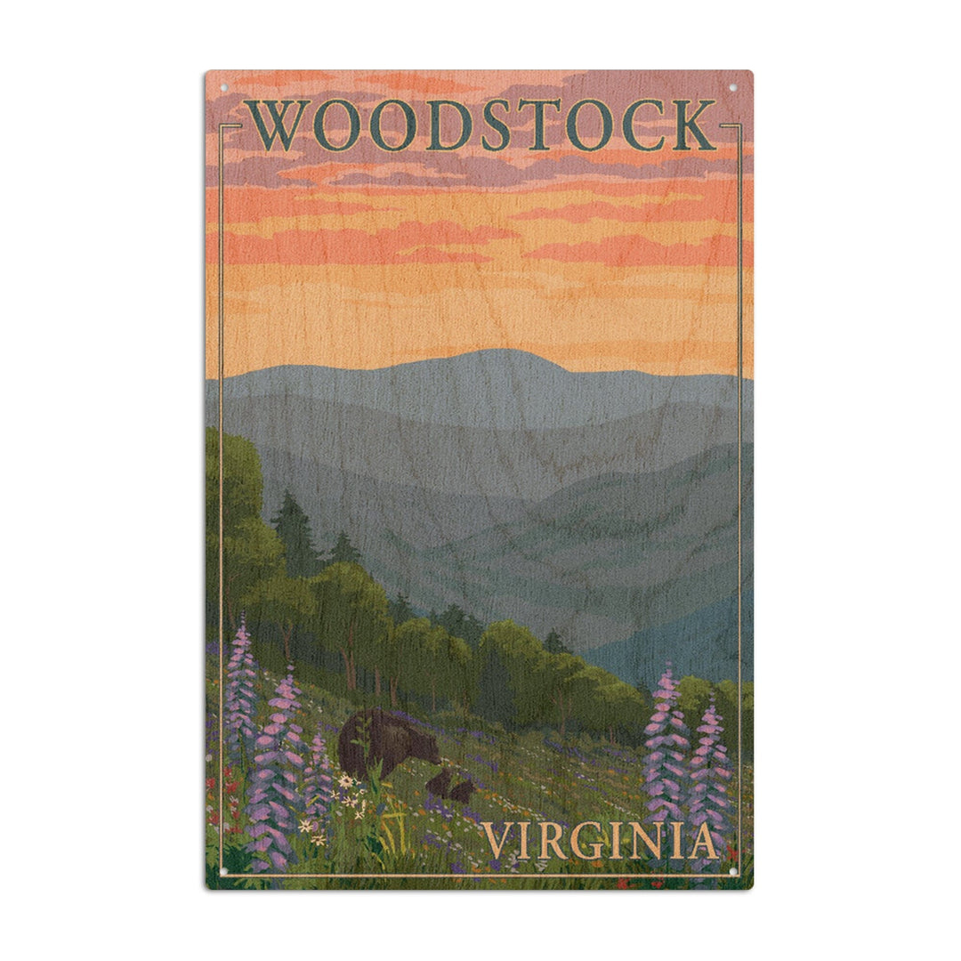 Woodstock, Virginia, Bear and Spring Flowers, Lantern Press Artwork, Wood Signs and Postcards Wood Lantern Press 10 x 15 Wood Sign 