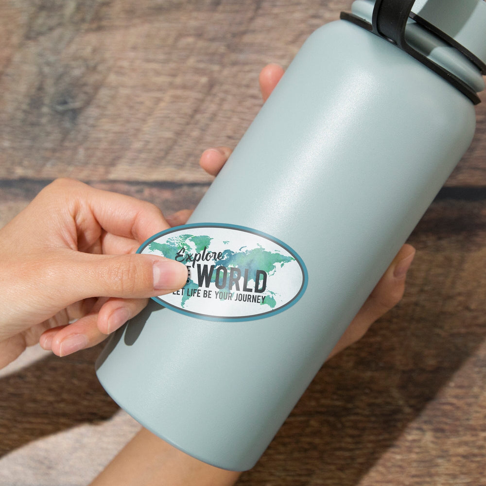World Map, Explore the World, Watercolor, Contour, Vinyl Sticker Sticker Lantern Press 