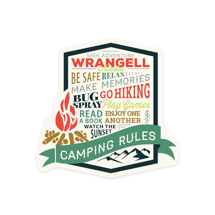 Wrangell, Alaska, Camping Rules, Contour, Vinyl Sticker Sticker Lantern Press 