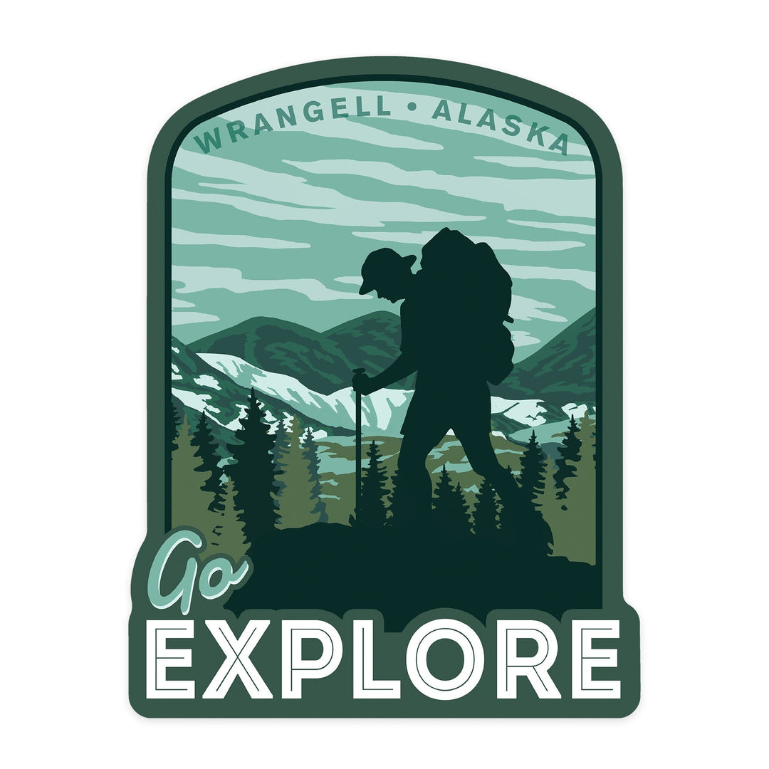 Wrangell, Alaska, Go Explore, Hiker, Contour, Vinyl Sticker Sticker Lantern Press 