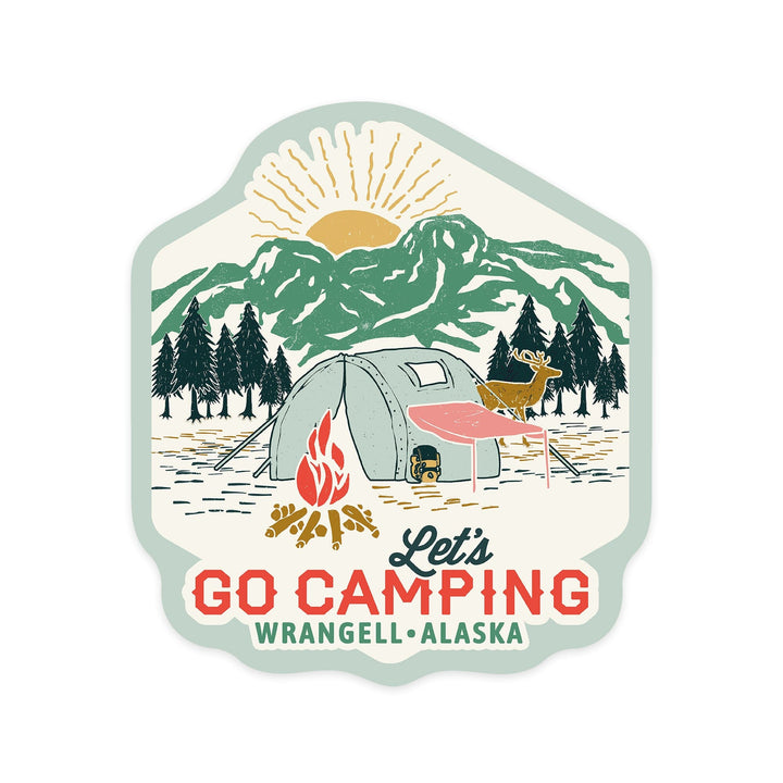 Wrangell, Alaska, Let's go camping, Tent, Contour, Vinyl Sticker Sticker Lantern Press 