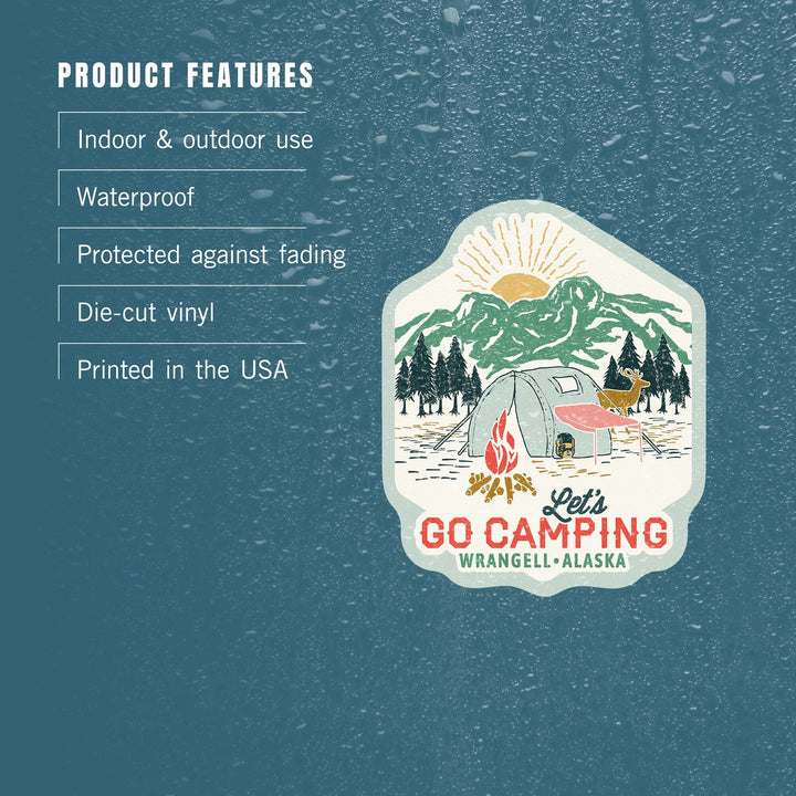 Wrangell, Alaska, Let's go camping, Tent, Contour, Vinyl Sticker Sticker Lantern Press 