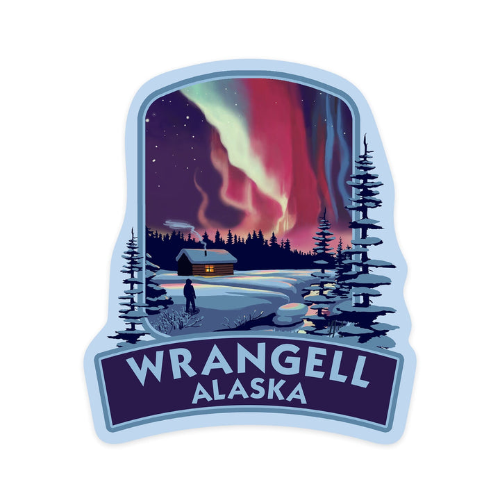 Wrangell, Alaska, Northern Lights and Cabin, Contour, Vinyl Sticker Sticker Lantern Press 