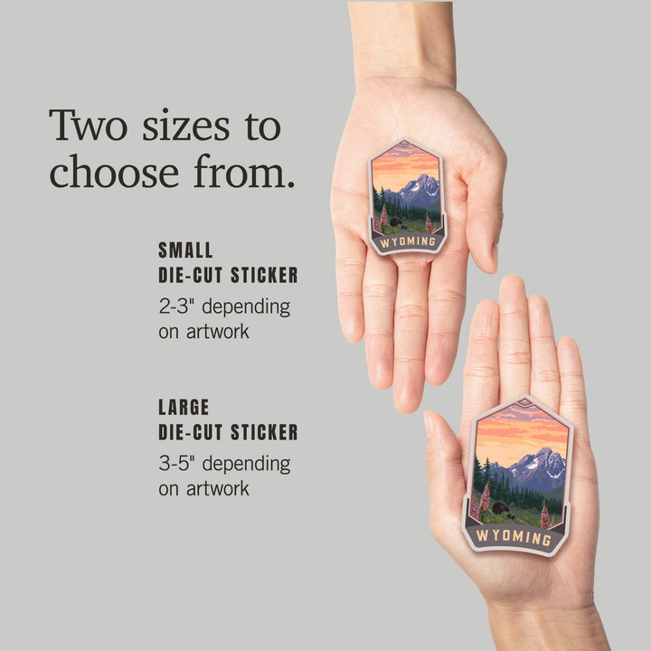 Wyoming, Bear and Spring Flowers, Painterly, Contour, Vinyl Sticker Sticker Lantern Press 