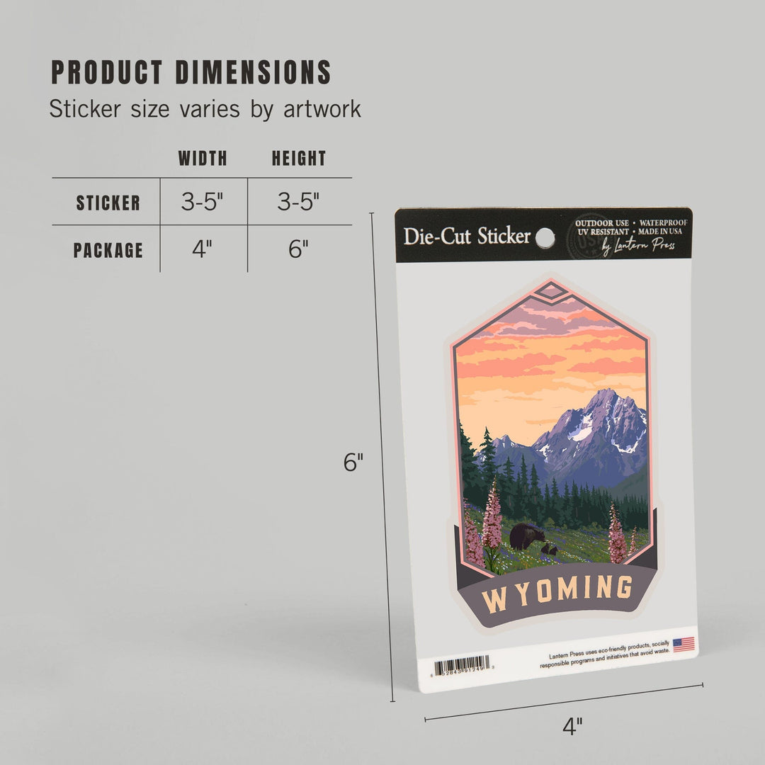 Wyoming, Bear and Spring Flowers, Painterly, Contour, Vinyl Sticker Sticker Lantern Press 