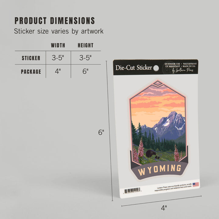 Wyoming, Bear and Spring Flowers, Painterly, Contour, Vinyl Sticker Sticker Lantern Press 