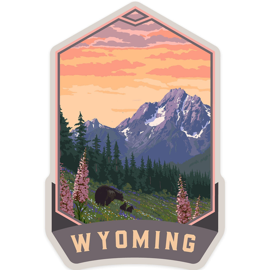 Wyoming, Bear and Spring Flowers, Painterly, Contour, Vinyl Sticker Sticker Lantern Press 