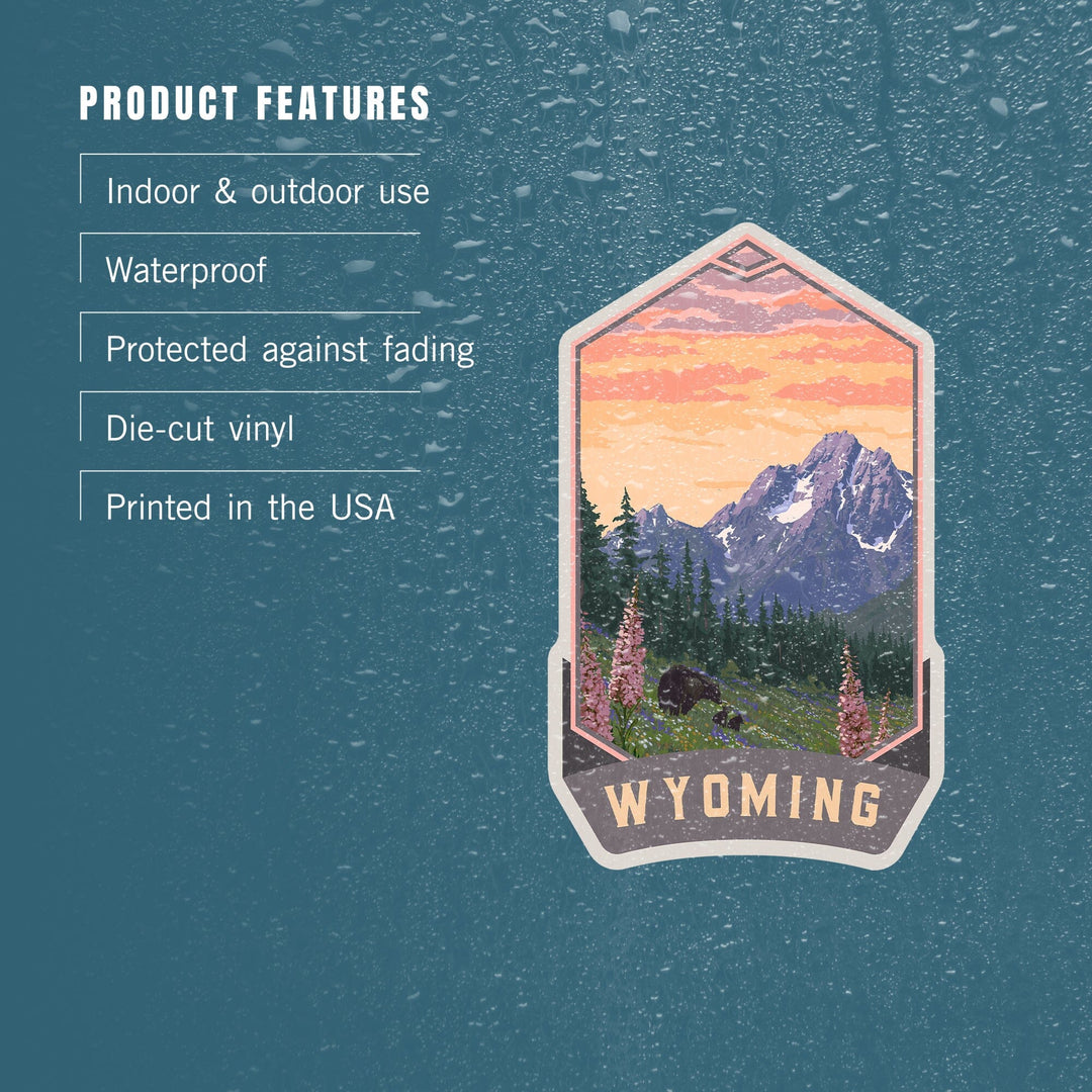 Wyoming, Bear and Spring Flowers, Painterly, Contour, Vinyl Sticker Sticker Lantern Press 