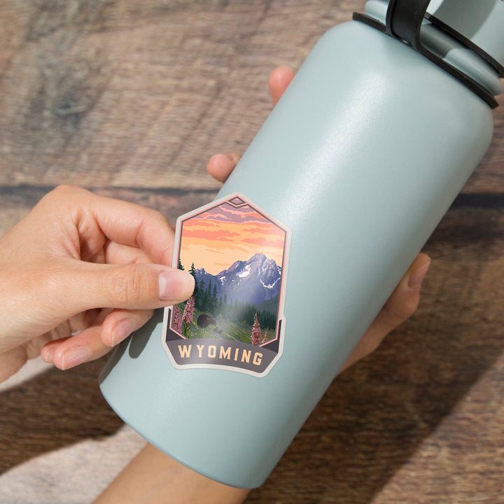 Wyoming, Bear and Spring Flowers, Painterly, Contour, Vinyl Sticker Sticker Lantern Press 