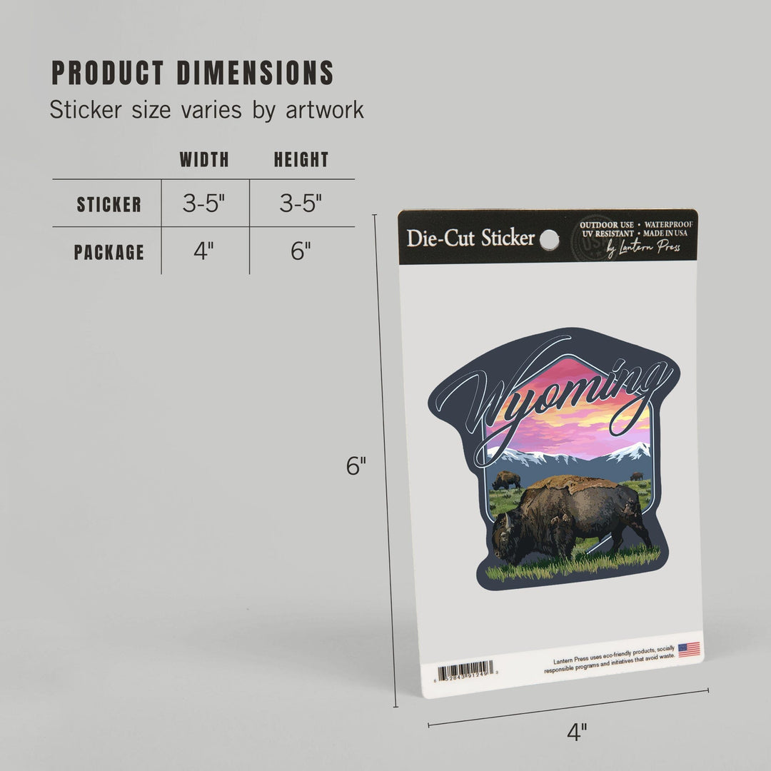 Wyoming, Bison and Sunset, Contour, Vinyl Sticker Sticker Lantern Press 